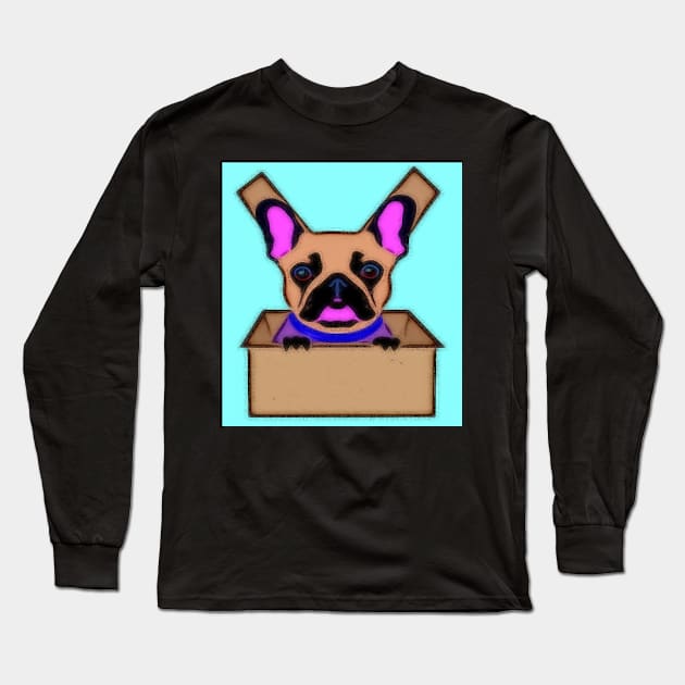 AI generated French Bulldog in cardboard box Long Sleeve T-Shirt by Catbrat